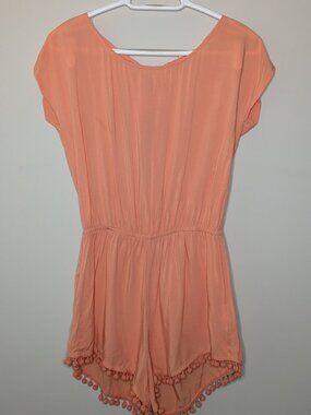 UO Staring at Stars Coral Pompom Tassel Romper Size S